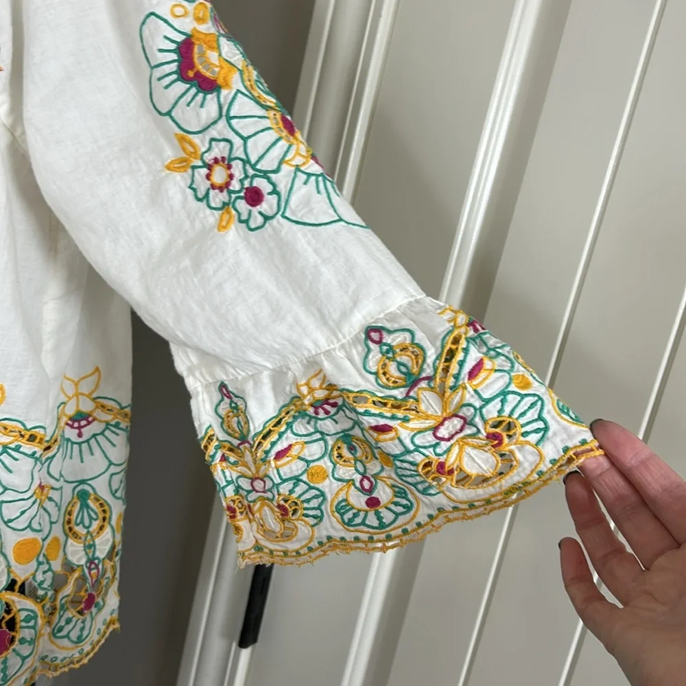 Anthropologie White Embroidered Tunic with Teal & Yellow Accents - Picture 7 of 15